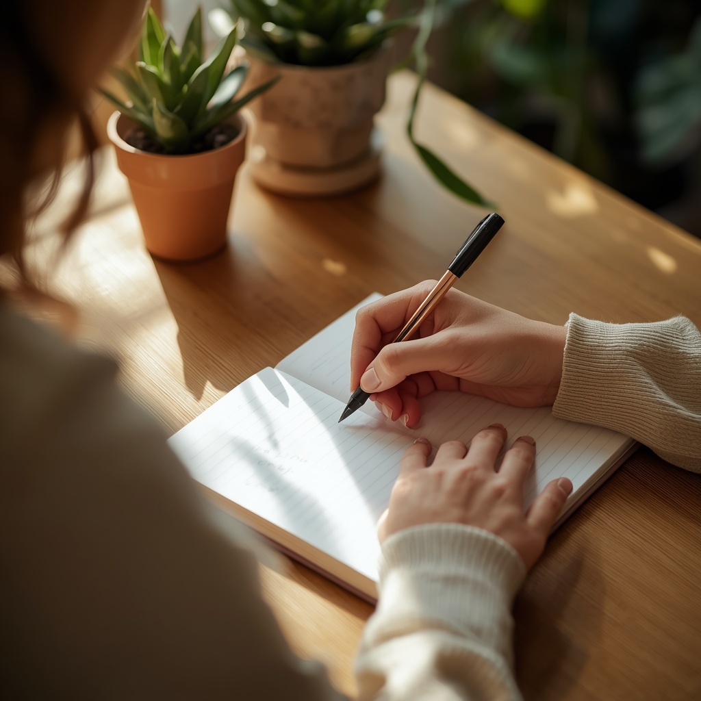Person writing in a wellness journal on a wooden desk with green plants, warm natural lighting, lifestyle photography