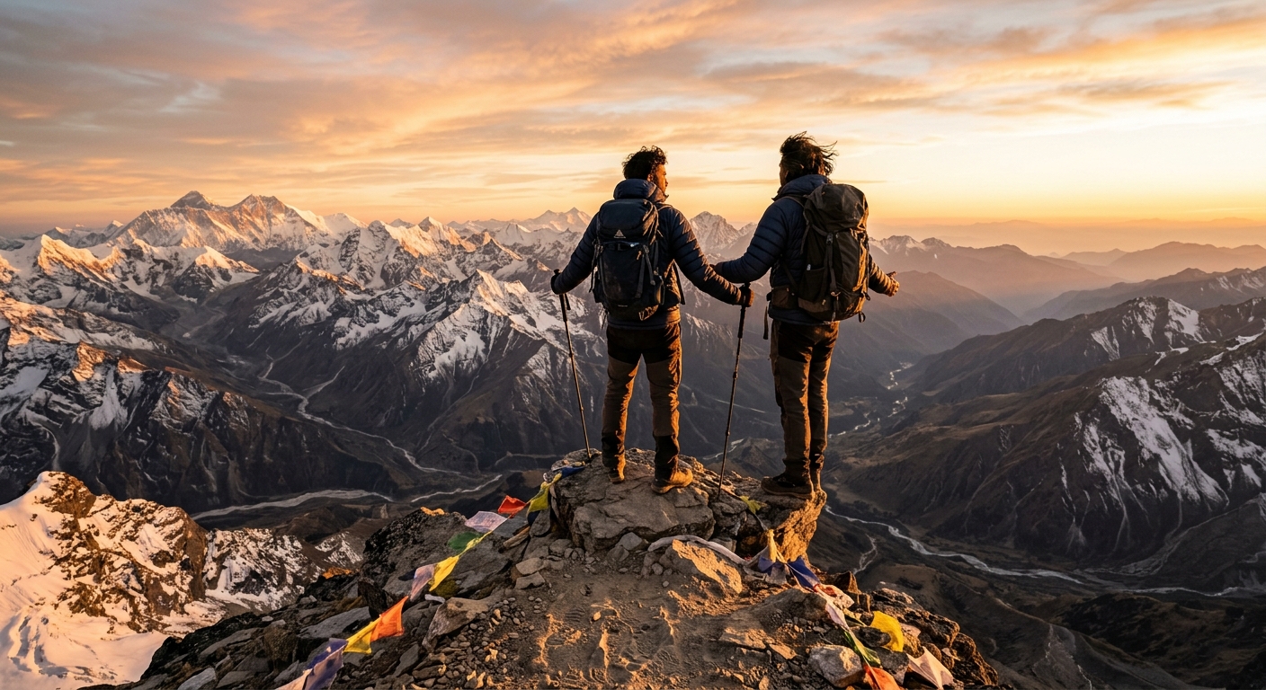 Man standing on a mountain summit at golden hour looking at vast landscape, resilience and strength concept, motivational
