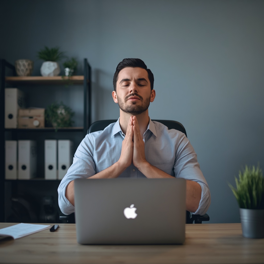 Man practicing breathing technique at a desk with laptop, stress relief concept, calm office environment with soft lighting