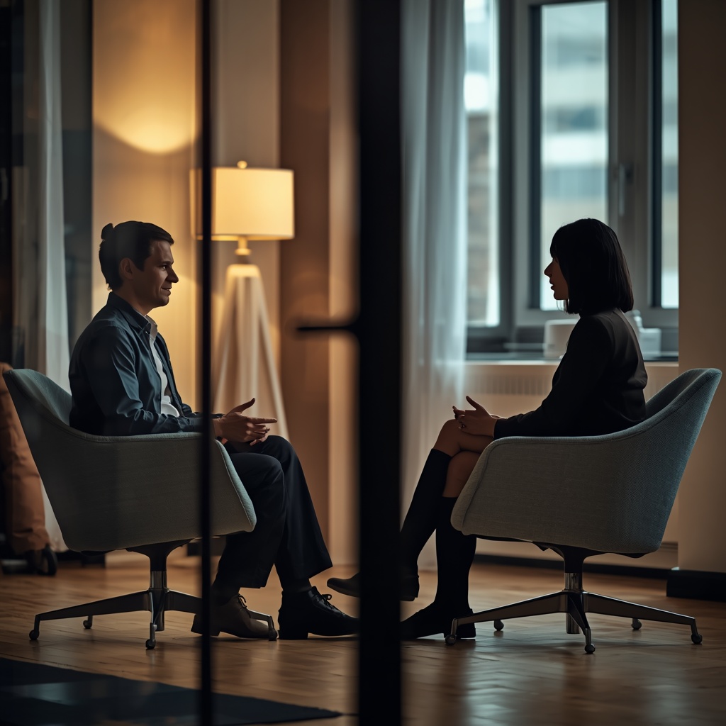 One-on-one cognitive behavioral therapy session in a modern bright office, two chairs facing each other, warm ambient lighting