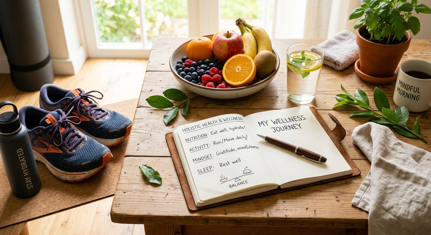 Healthy lifestyle wellness concept with fruits, running shoes, and a journal on a bright table, holistic health approach